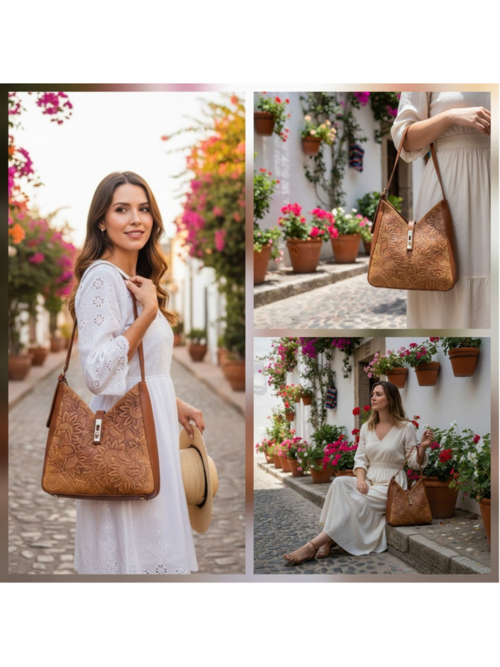 Honey Brown Sunflower Embossed Tooled Artisan LEATHER Shoulder Bag Purse - Picture 15 of 16